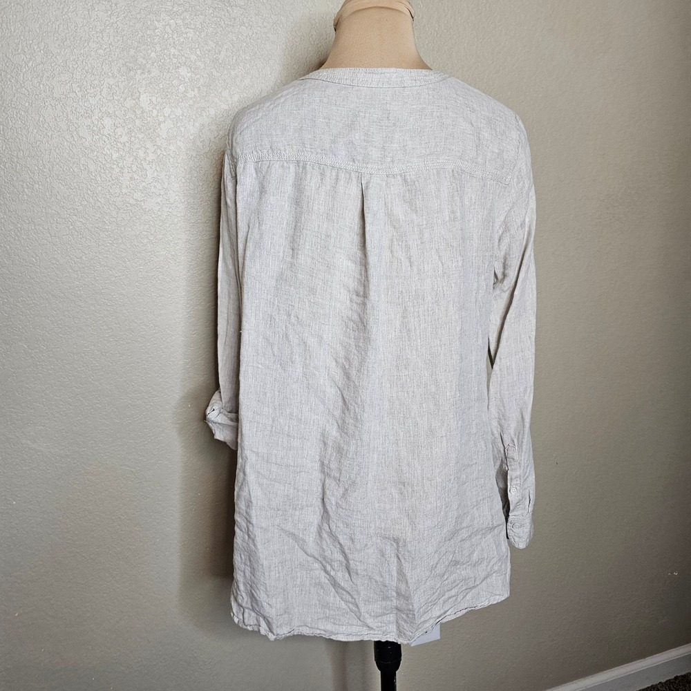 Talbots Medium Natural Beige 100% Linen Roll Tab Sleeve Button Hem Tunic Top - Picture 6 of 10